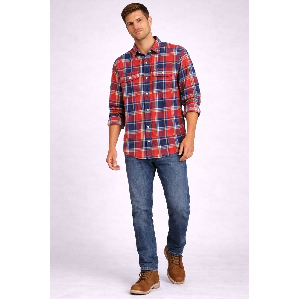 American Eagle Flannel Shirt Men XL Red Blue Plaid 2 Pocket‎ Logo Casual